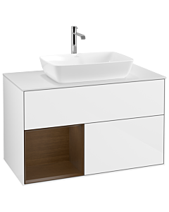 Villeroy und Boch Finion Waschtischunterschrank G771GNGF 100cm, Abdeckplatte white matt, Emotion, Regale Walnut Veneer, Glossy white lacquer