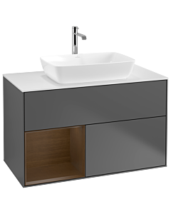 Villeroy und Boch Finion Waschtischunterschrank G771GNGK 100cm, Abdeckplatte white matt, Emotion, Regale Walnut Veneer, Anthracite matt