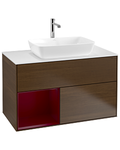 Villeroy und Boch Finion Waschtischunterschrank G771HBGN 100cm, Abdeckplatte white matt, Emotion, Regale Peony matt lacquer, Walnut veneer