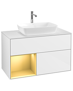 Villeroy und Boch Finion Waschtischunterschrank G771HFGF 100cm, Abdeckplatte white matt, Emotion, Regale Gold matt lacquer, Glossy white lacquer