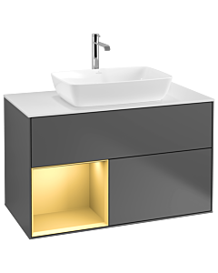 Villeroy und Boch Finion Villeroy und Boch G771HFGK 100cm, plaque de recouvrement blanc mat, Emotion, étagères laqué or mat, anthracite mat