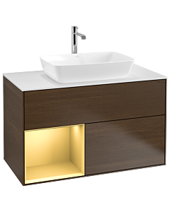 Villeroy und Boch Finion Villeroy und Boch Finion G771HFGN 100cm, cover plate white matt, Emotion, shelves gold matt lacquer, walnut veneer