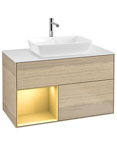 Villeroy und Boch Finion Waschtischunterschrank G771HFPC 100cm, Abdeckplatte white matt, Emotion, Regale Gold matt lacquer, Oak Veneer