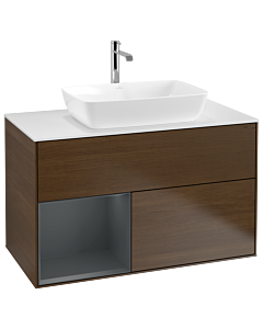 Villeroy und Boch Finion Waschtischunterschrank G771HGGN 100cm, Abdeckplatte white matt, Emotion, Regale Midnight matt lacquer, Walnut veneer