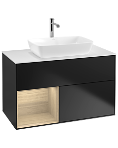 Villeroy und Boch Finion Waschtischunterschrank G771PCPD 100cm, Abdeckplatte white matt, Emotion, Regale Oak Veneer, Black matt lacquer