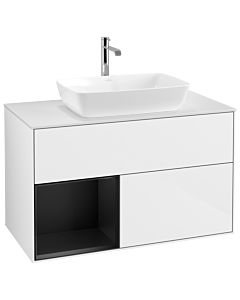 Villeroy und Boch Finion Villeroy und Boch G771PDGF 100cm, plaque de recouvrement blanc mat, Emotion, étagères laqué noir mat, laqué blanc brillant