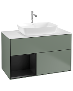 Villeroy und Boch Finion Waschtischunterschrank G771PDGM 100cm, Abdeckplatte white matt, Emotion, Regale Black matt lacquer, Olive Matt Lacquer