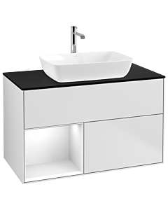 Villeroy und Boch Finion Villeroy und Boch G772GFMT 100cm, plaque de finition noir mat, Emotion, étagères laqué blanc brillant, laqué blanc mat