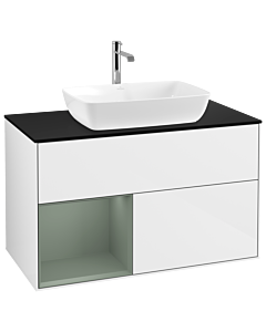 Villeroy und Boch Finion Villeroy und Boch G772GMGF 100cm, plaque de finition noir mat, Emotion, étagères laqué olive mat, laqué blanc brillant