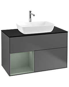 Villeroy und Boch Finion Waschtischunterschrank G772GMGK 100cm, Abdeckplatte black matt, Emotion, Regale Olive matt lacquer, Anthracite matt