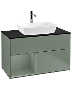 Villeroy und Boch Finion Waschtischunterschrank G772GMGM 100cm, Abdeckplatte black matt, Emotion, Regale Olive matt lacquer, Olive Matt Lacquer