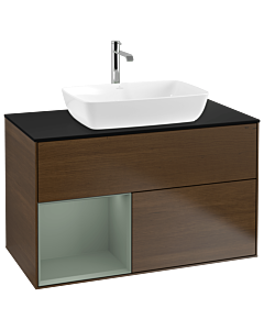Villeroy und Boch Finion Waschtischunterschrank G772GMGN 100cm, Abdeckplatte black matt, Emotion, Regale Olive matt lacquer, Walnut veneer