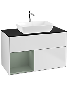 Villeroy und Boch Finion Waschtischunterschrank G772GMMT 100cm, Abdeckplatte black matt, Emotion, Regale Olive matt lacquer, White matt lacquer