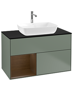 Villeroy und Boch Finion Waschtischunterschrank G772GNGM 100cm, Abdeckplatte black matt, Emotion, Regale Walnut Veneer, Olive Matt Lacquer