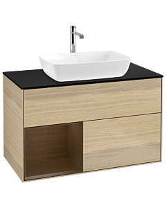 Villeroy und Boch Finion Waschtischunterschrank G772GNPC 100cm, Abdeckplatte black matt, Emotion, Regale Walnut Veneer, Oak Veneer