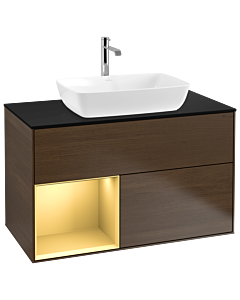 Villeroy und Boch Finion Waschtischunterschrank G772HFGN 100cm, Abdeckplatte black matt, Emotion, Regale Gold matt lacquer, Walnut veneer