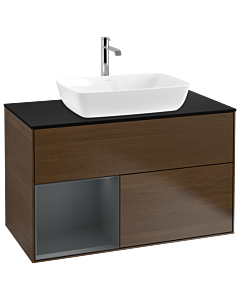 Villeroy und Boch Finion Waschtischunterschrank G772HGGN 100cm, Abdeckplatte black matt, Emotion, Regale Midnight matt lacquer, Walnut veneer