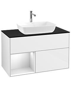 Villeroy und Boch Finion Waschtischunterschrank G772MTGF 100cm, Abdeckplatte black matt, Emotion, Regale White matt lacquer, Glossy white lacquer