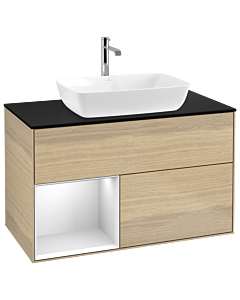Villeroy und Boch Finion Waschtischunterschrank G772MTPC 100cm, Abdeckplatte black matt, Emotion, Regale White matt lacquer, Oak Veneer