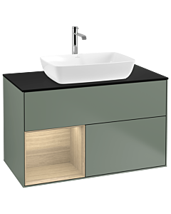 Villeroy und Boch Finion Waschtischunterschrank G772PCGM 100cm, Abdeckplatte black matt, Emotion, Regale Oak Veneer, Olive Matt Lacquer