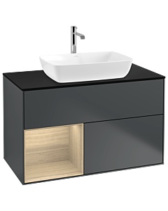 Villeroy und Boch Finion Waschtischunterschrank G772PCHG 100cm, Abdeckplatte black matt, Emotion, Regale Oak Veneer, Midnight Blue Matt Lacquer