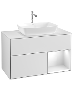 Villeroy und Boch Finion Villeroy und Boch G781GFMT 100cm, plaque de recouvrement blanc mat, Emotion, étagères laqué blanc brillant, laqué blanc mat