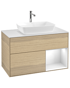 Villeroy und Boch Finion Villeroy und Boch G781GFPC 100cm, plaque de recouvrement blanc mat, Emotion, étagères Laque blanche brillante, Oak Veneer