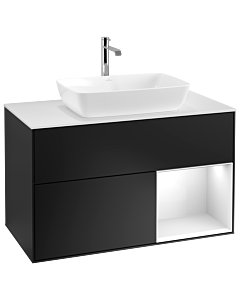 Villeroy und Boch Finion Waschtischunterschrank G781GFPD 100cm, Abdeckplatte white matt, Emotion, Regale Glossy white lacquer, Black matt lacquer