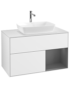 Villeroy und Boch Finion Waschtischunterschrank G781GKGF 100cm, Abdeckplatte white matt, Emotion, Regale Anthracite matt lacquer, Glossy white lacquer