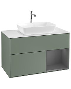 Villeroy und Boch Finion Waschtischunterschrank G781GKGM 100cm, Abdeckplatte white matt, Emotion, Regale Anthracite matt lacquer, Olive Matt Lacquer