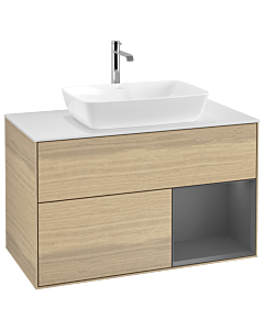 Villeroy und Boch Finion Waschtischunterschrank G781GKPC 100cm, Abdeckplatte white matt, Emotion, Regale Anthracite matt lacquer, Oak Veneer