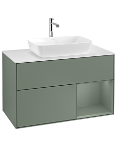 Villeroy und Boch Finion Waschtischunterschrank G781GMGM 100cm, Abdeckplatte white matt, Emotion, Regale Olive matt lacquer, Olive Matt Lacquer