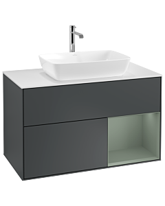 Villeroy und Boch Finion Waschtischunterschrank G781GMHG 100cm, Abdeckplatte white matt, Emotion, Regale Olive matt lacquer, Midnight Blue Matt Lacquer