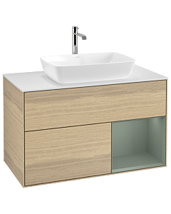 Villeroy und Boch Finion Waschtischunterschrank G781GMPC 100cm, Abdeckplatte white matt, Emotion, Regale Olive matt lacquer, Oak Veneer