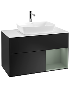 Villeroy und Boch Finion Waschtischunterschrank G781GMPD 100cm, Abdeckplatte white matt, Emotion, Regale Olive matt lacquer, Black matt lacquer