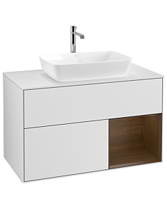 Villeroy und Boch Finion Waschtischunterschrank G781GNMT 100cm, Abdeckplatte white matt, Emotion, Regale Walnut Veneer, White matt lacquer