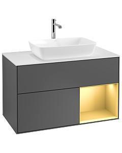Villeroy und Boch Finion Waschtischunterschrank G781HFGK 100cm, Abdeckplatte white matt, Emotion, Regale Gold matt lacquer, Anthracite matt