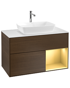 Villeroy und Boch Finion Waschtischunterschrank G781HFGN 100cm, Abdeckplatte white matt, Emotion, Regale Gold matt lacquer, Walnut veneer