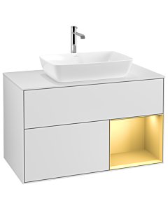 Villeroy und Boch Finion Villeroy und Boch G781HFMT 100cm, plaque de recouvrement blanc mat, Emotion, étagères laqué or mat, laqué blanc mat