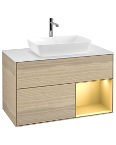 Villeroy und Boch Finion Villeroy und Boch G781HFPC 100cm, plaque de recouvrement blanc mat, Emotion, étagères laqué or mat, Oak Veneer