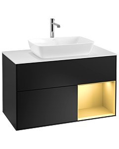 Villeroy und Boch Finion Waschtischunterschrank G781HFPD 100cm, Abdeckplatte white matt, Emotion, Regale Gold matt lacquer, Black matt lacquer