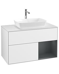 Villeroy und Boch Finion Villeroy und Boch G781HGGF 100cm, plaque de recouvrement blanc mat, Emotion, étagères laqué mat minuit, laqué blanc brillant