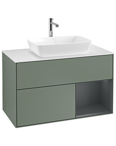 Villeroy und Boch Finion Waschtischunterschrank G781HGGM 100cm, Abdeckplatte white matt, Emotion, Regale Midnight matt lacquer, Olive Matt Lacquer