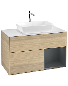 Villeroy und Boch Finion Villeroy und Boch G781HGPC 100cm, plaque de recouvrement blanc mat, Emotion, étagères Midnight laqué mat, Oak Veneer