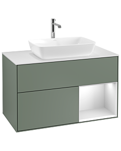 Villeroy und Boch Finion Villeroy und Boch G781MTGM 100cm, plaque de recouvrement blanc mat, Emotion, étagères laqué blanc mat, Olive Matt Lacquer