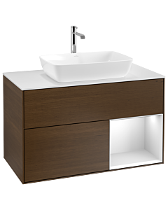 Villeroy und Boch Finion Waschtischunterschrank G781MTGN 100cm, Abdeckplatte white matt, Emotion, Regale White matt lacquer, Walnut veneer