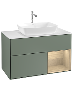 Villeroy und Boch Finion Waschtischunterschrank G781PCGM 100cm, Abdeckplatte white matt, Emotion, Regale Oak Veneer, Olive Matt Lacquer