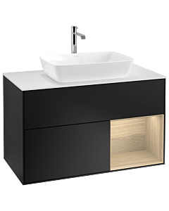 Villeroy und Boch Finion Waschtischunterschrank G781PCPD 100cm, Abdeckplatte white matt, Emotion, Regale Oak Veneer, Black matt lacquer