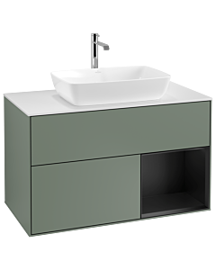 Villeroy und Boch Finion Villeroy und Boch G781PDGM 100cm, plaque de recouvrement blanc mat, Emotion, étagères laqué noir mat, Olive Matt Lacquer