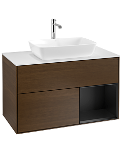 Villeroy und Boch Finion Waschtischunterschrank G781PDGN 100cm, Abdeckplatte white matt, Emotion, Regale Black matt lacquer, Walnut veneer